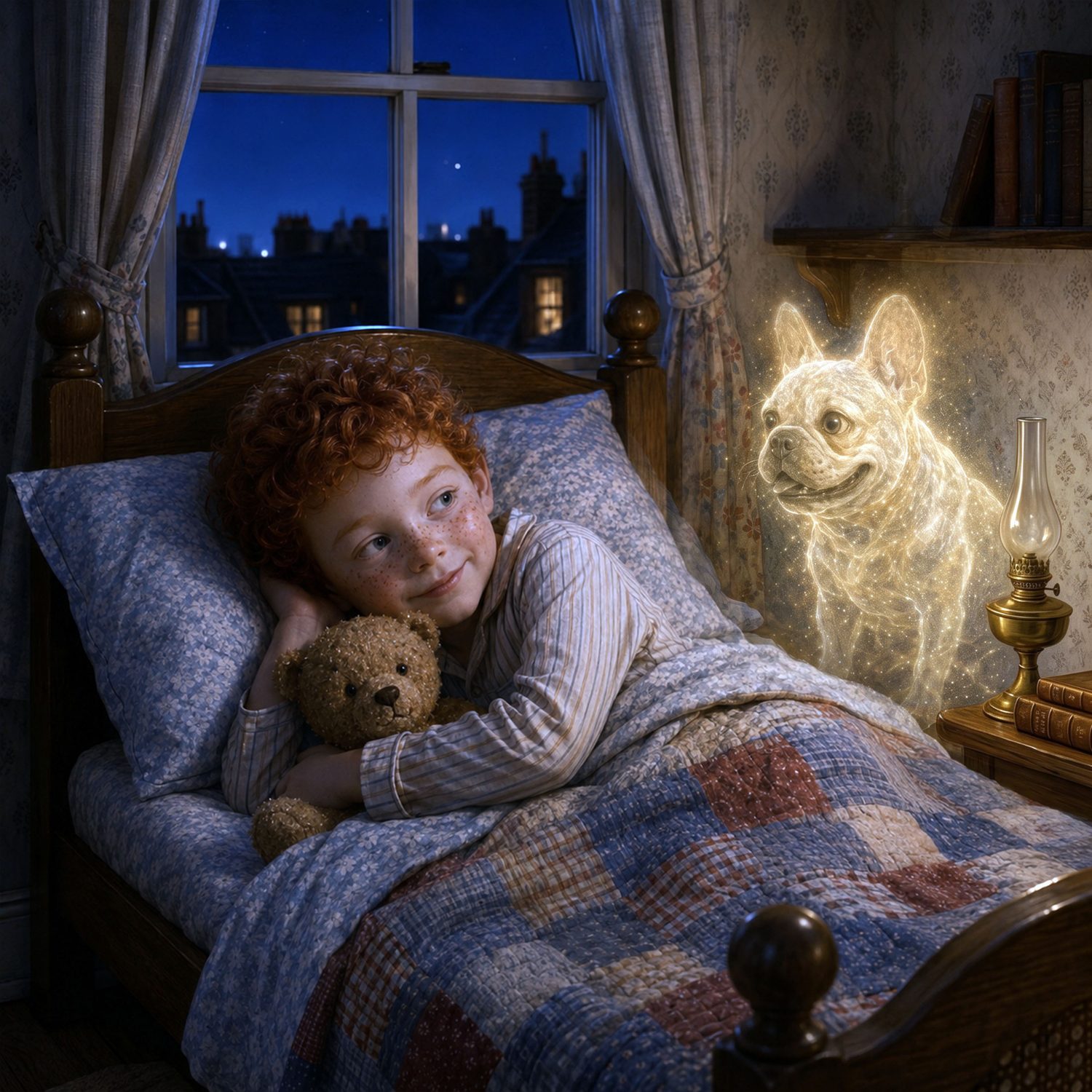 The boy in bed beside Peanut, the glowing dream dog