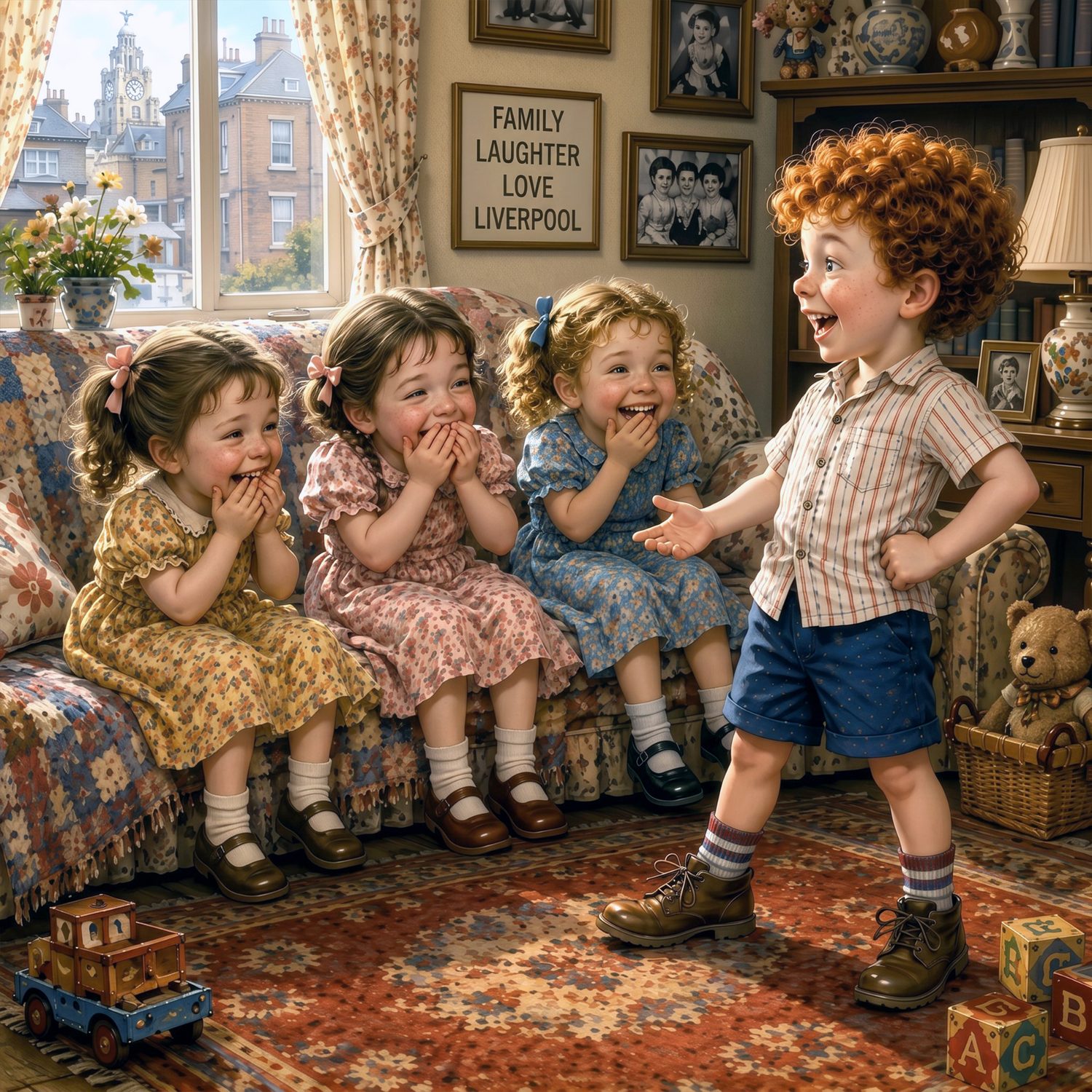 The boy telling his sisters a story on the sofa
