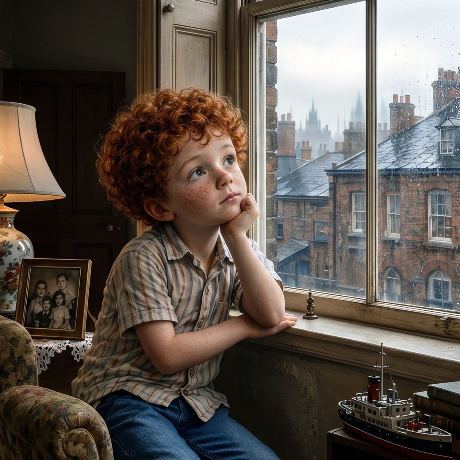 A pensive boy gazing over the Liverpool rooftops